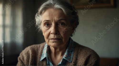elderly woman serious intimate portrait looking at camera from Generative AI
