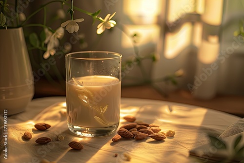 A glass of almond milk with almonds scattered around the base