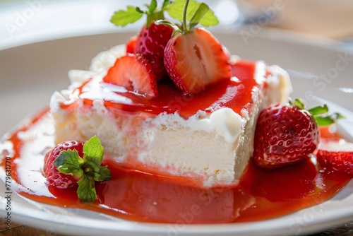 Peruvian Tres Leches Cake with strawberry sauce shot