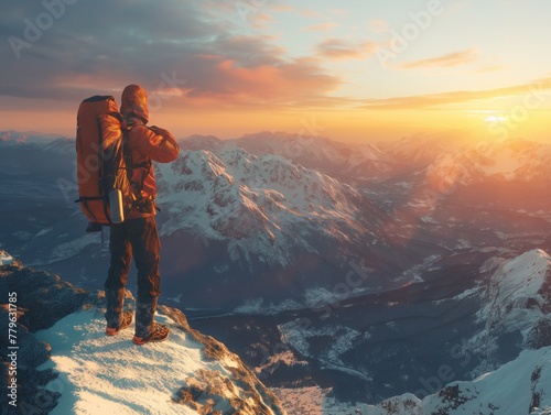 A man with a backpack is standing on a mountain top, looking out at the beautiful sunset. Concept of adventure and awe, as the man takes in the breathtaking view of the mountains and the sky photo