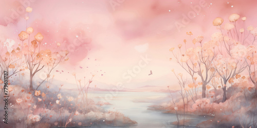 watercolor painting sunset in the forest random tones background paper simple scene dreamy photo