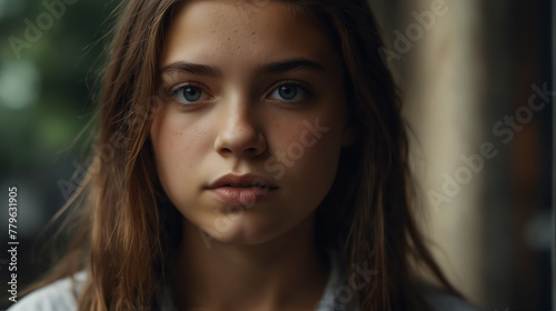 young teenager girl serious intimate portrait looking at camera from Generative AI © SevenThreeSky