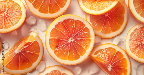 orange and grapefruit slices with ice on background