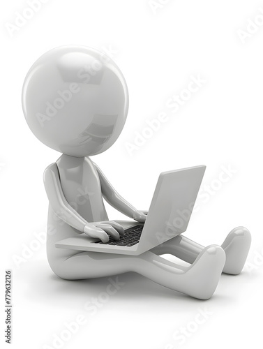 3D cartoon white faceless figure working with laptop isolated on white background photo