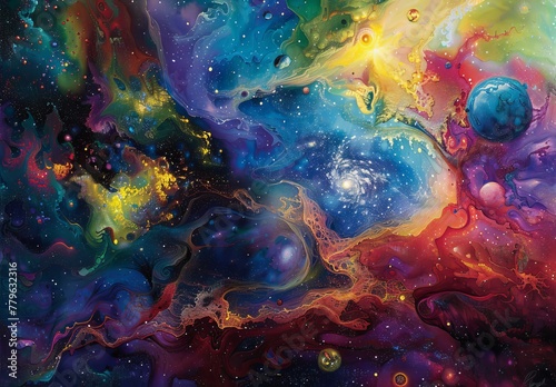 Ethereal depictions of the cosmos, including galaxies, stars, planets, and nebulae, in mesmerizing colors and abstract forms that evoke a sense of wonder and awe