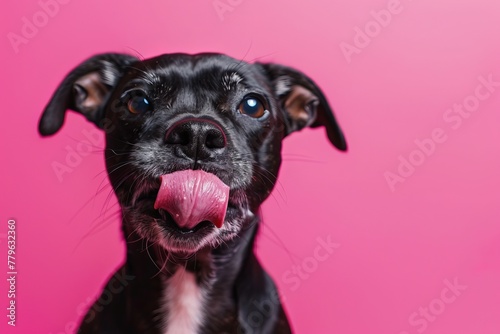 Petting adorable dog on pink background Craving delicious food Lunchtime photo