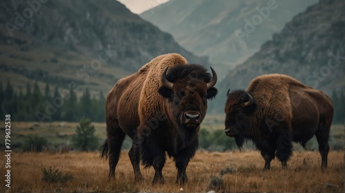 a bison in beautiful dramatic mountain landscape background from Generative AI