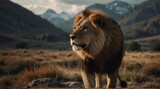 a lion in beautiful dramatic mountain landscape background from Generative AI