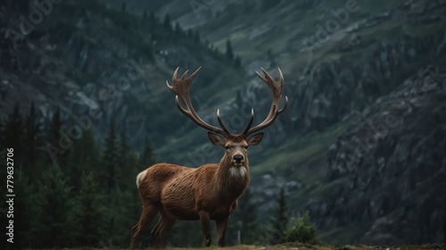 a deer stag in beautiful dramatic mountain landscape background from Generative AI © SevenThreeSky