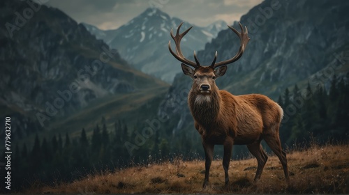 a deer stag in beautiful dramatic mountain landscape background from Generative AI © SevenThreeSky