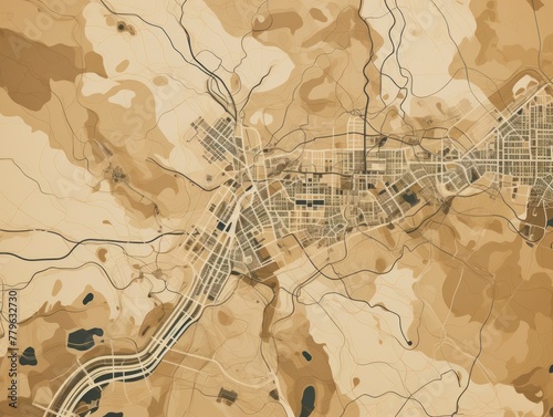 Tan and white pattern with a Tan background map lines sigths and pattern with topography sights in a city backdrop