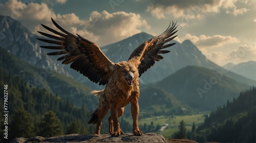 a griffin beautiful dramatic mountain landscape background from Generative AI