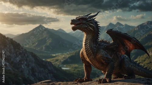 a dragon in beautiful dramatic mountain landscape background from Generative AI © SevenThreeSky