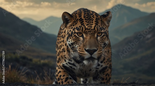 a jaguar panthera in beautiful dramatic mountain landscape background from Generative AI