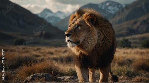 a lion in beautiful dramatic mountain landscape background from Generative AI