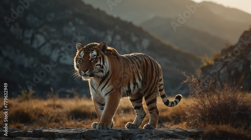 a tiger in beautiful dramatic mountain landscape background from Generative AI