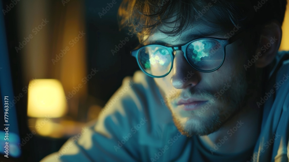 Cinematic 4K shot of a programmer in glasses, intently coding cyber security solutions on their computer Cinematic 4K shot of a programmer in glasses, intently coding cyber security solutions on their computer