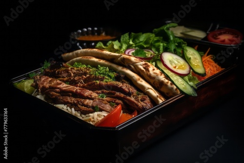 Exquisite doner kebab in a bento box against a dark background