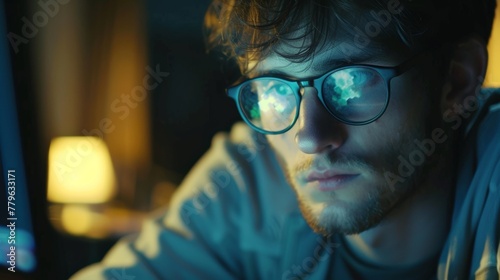 Cinematic 4K shot of a programmer in glasses, intently coding cyber security solutions on their computer