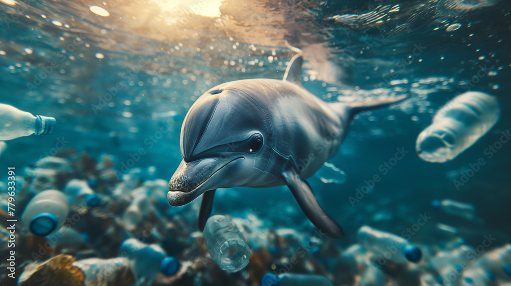 A dolphin swimming underwater surrounded by plastic pollution