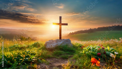 Cross on the hillside in the meadow with orange sunrise sky