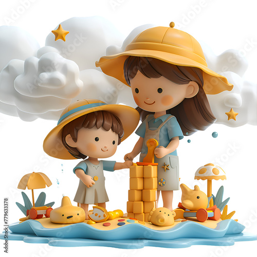A vibrant 3D cartoon illustration of children having fun with beach toys while their mother sets up an umbrella.