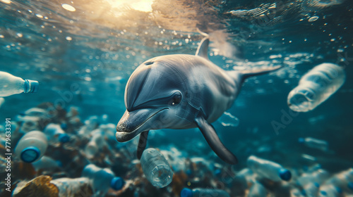 A dolphin swimming underwater surrounded by plastic pollution photo