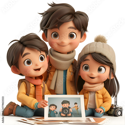 A 3D animated cartoon render of a mom and kids joyfully pasting photos into a scrapbook.