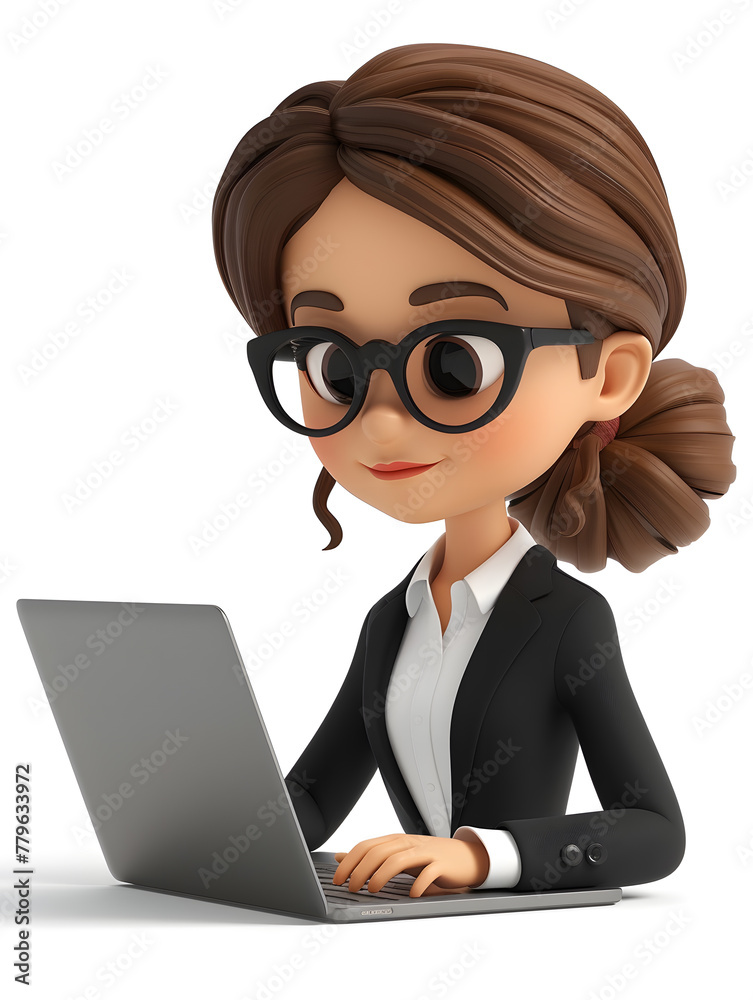 3D cartoon woman working with laptop isolated on white background 3D cartoon woman working with laptop isolated on white background