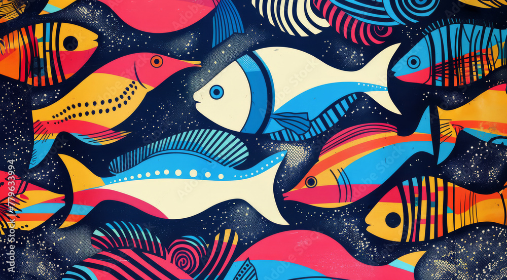  modern pattern of illustration of a fish swimming among vibrant vintage background.	
