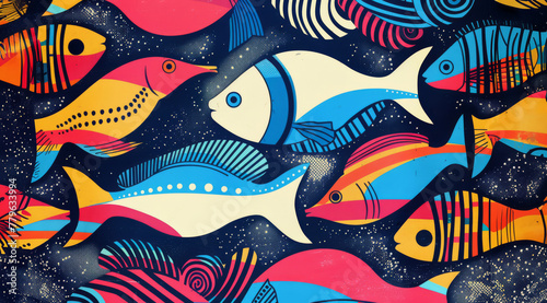  modern pattern of illustration of a fish swimming among vibrant vintage background. 