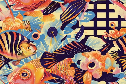 Seamless modern pattern of illustration of a fish swimming among vibrant vintage background.  