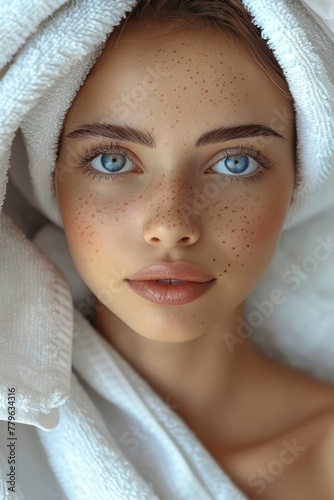 Serene Woman With Freckles Resting Under Towel