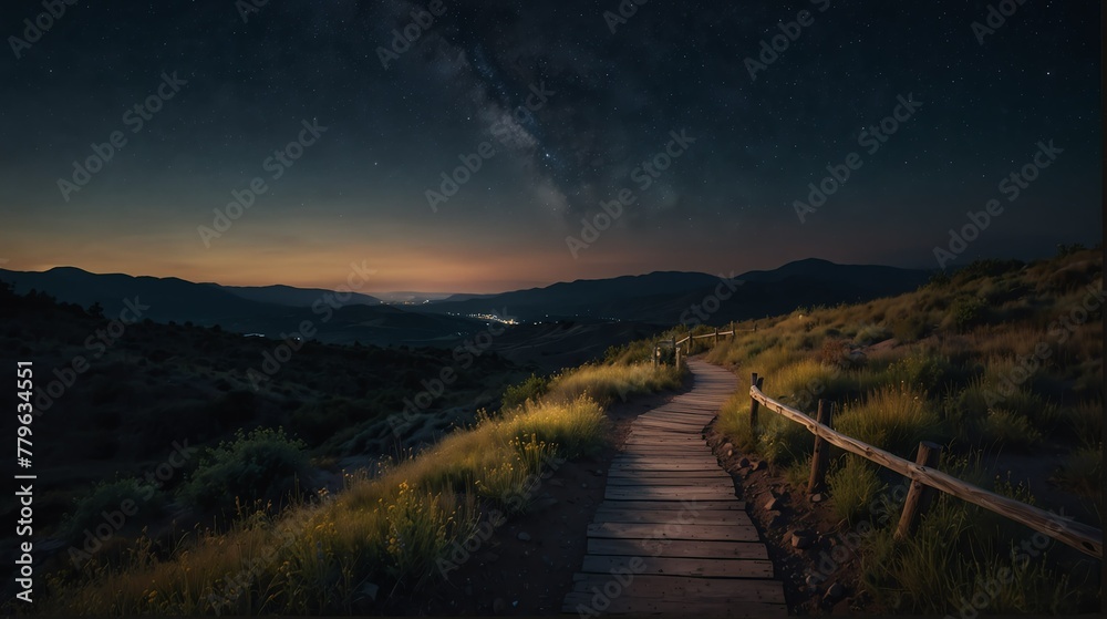 hiking trail night landscape with walkway path beautiful panoramic nature background from Generative AI
