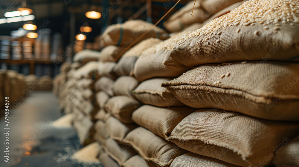 
Rice, groats, and flour are processed in a warehouse factory for delivery to consumers