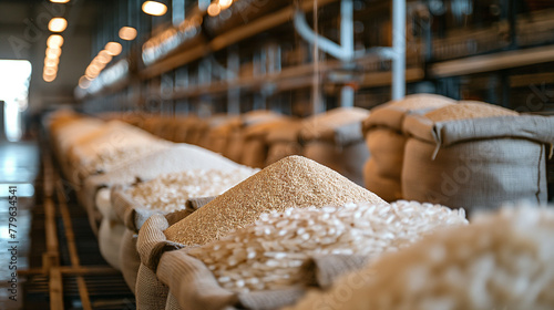 Rice, groats, and flour are processed in a warehouse factory for delivery to consumers photo