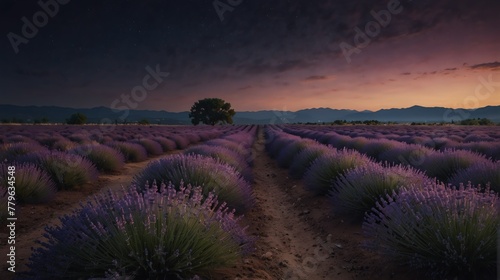 lavender flower field night landscape with walkway path beautiful panoramic nature background from Generative AI