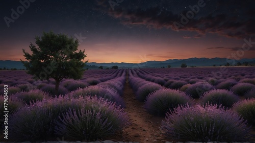 lavender flower field night landscape with walkway path beautiful panoramic nature background from Generative AI