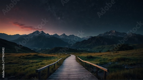 mountain night landscape with walkway path beautiful panoramic nature background from Generative AI #779634582