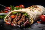 Delicious kebab on a marble slab against a dark background