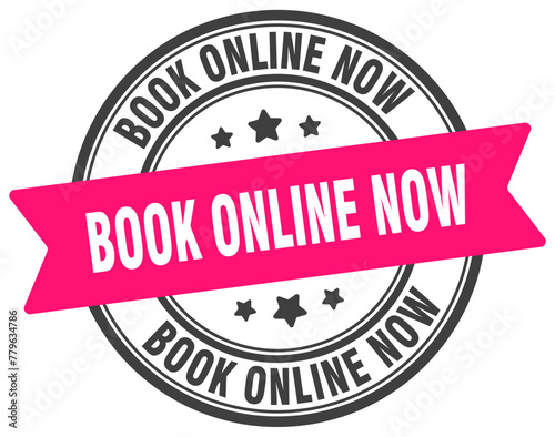 book online now stamp. book online now label on transparent background. round sign