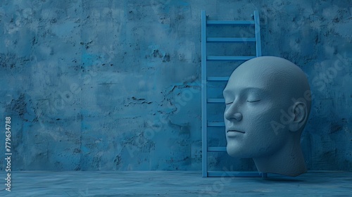 In a scene of visual intrigue, an empty human head shares space with a blue ladder against a blue concrete backdrop, inviting viewers to reflect on the journey of introspection and personal developmen photo