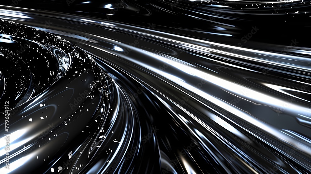 Midnight black and silver metallic streaks converge, forming a sleek and futuristic abstract composition with a touch of cosmic allure.