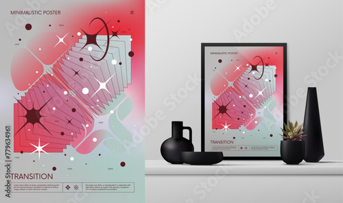 Vector gradient minimalistic rave Poster with strange wireframes graphic assets of geometrical shapes Y2K design inspired by brutalism and mockup in the interior, wall art in red and blue shades © max_776