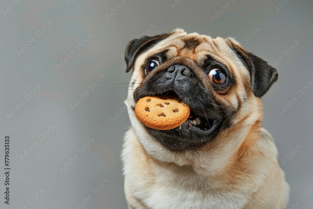 Isolated pug dog with cookie on gray background