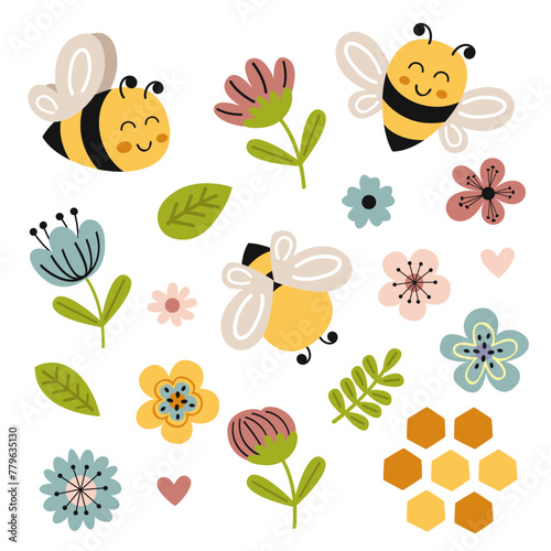 set isolated with cute happy bees, flowers