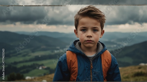 a kid boy portrait on top of a mountain with landscape cloudy view looking at camera from Generative AI