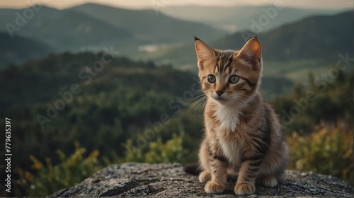 a kitten portrait on top of a mountain with landscape cloudy view looking at camera from Generative AI © SevenThreeSky