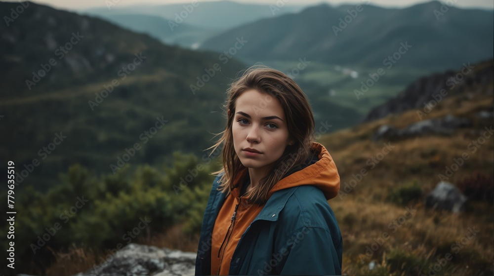 a young woman portrait on top of a mountain with landscape cloudy view looking at camera from Generative AI