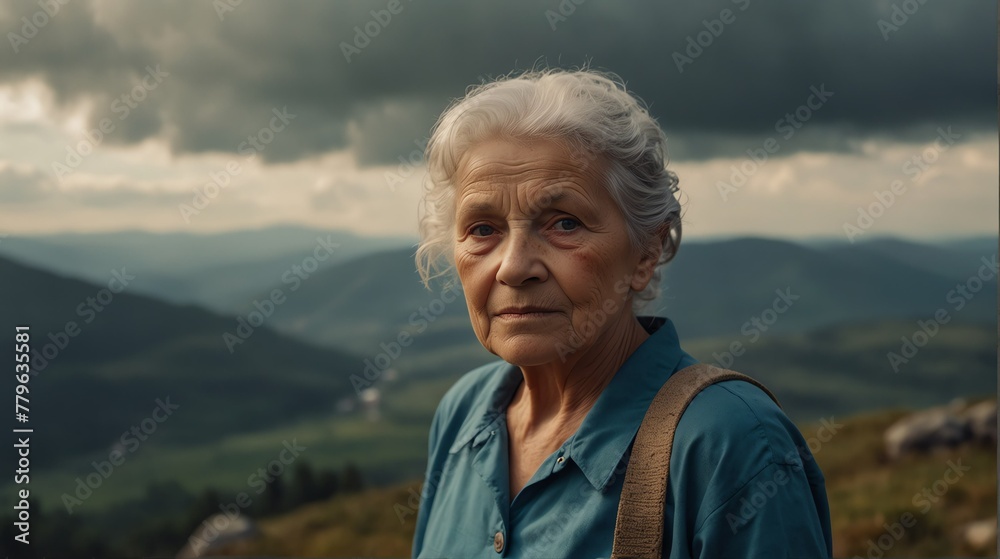 an elderly woman portrait on top of a mountain with landscape cloudy view looking at camera from Generative AI